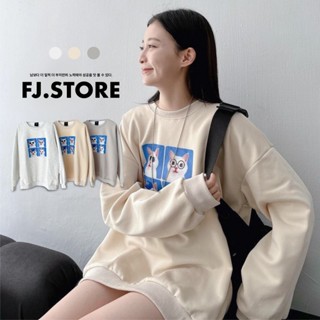 【FJstore】最後現貨 四格 貓咪圖像 大學T 落肩 寬鬆 重磅 無刷毛 圓領 大學踢 長袖上衣 男長袖 女上衣
