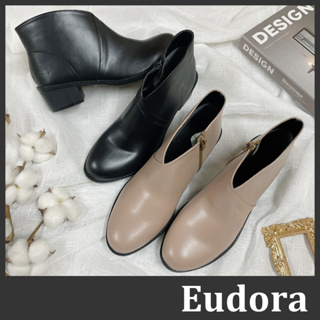 【Eudora】MIT台灣製 皮革短靴 V口靴 拉鍊短靴 跟靴 靴子 皮靴 踝靴裸靴 短筒靴 低筒靴 粗根低跟 短靴