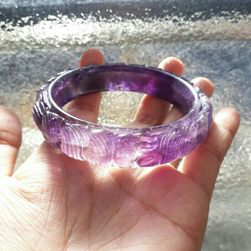 天然紫水晶/雕刻雙九尾狐（側臉/正臉）手鐲件#59手圍