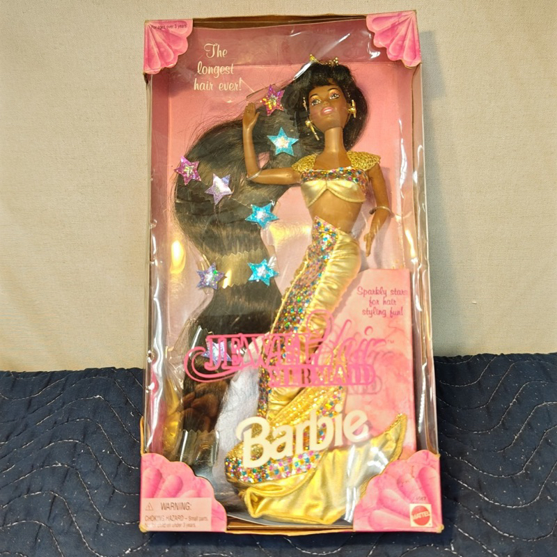 絕版1997美人魚長髮公主芭比黑珍珠款jewel hair mermaid Barbie
