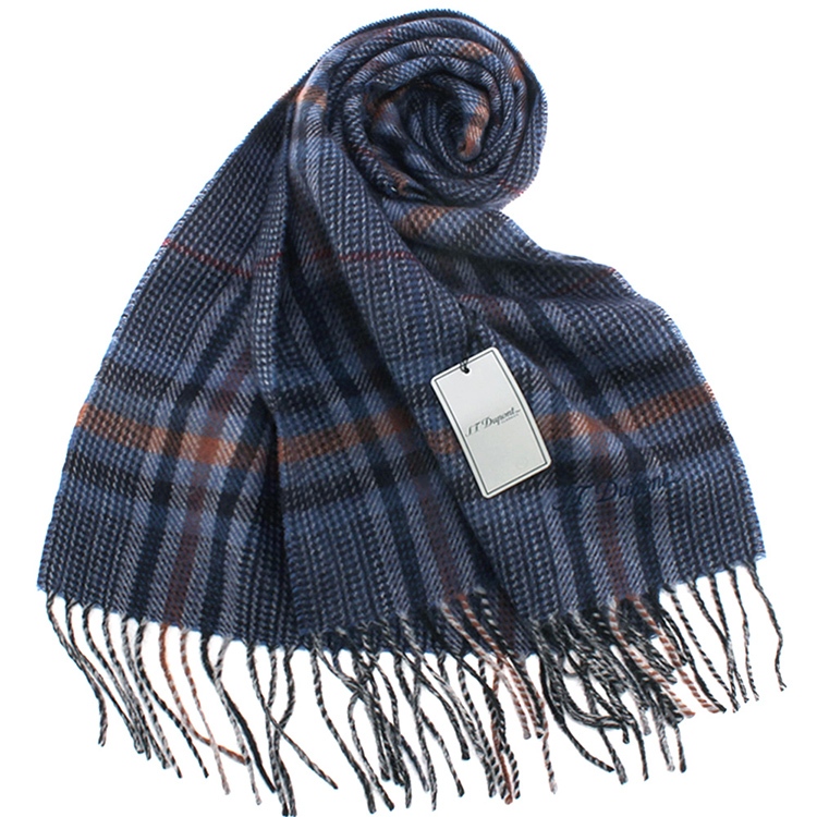 S.T.Dupont羊駝毛混紗經典細版格紋圍巾(藍色)989120-7