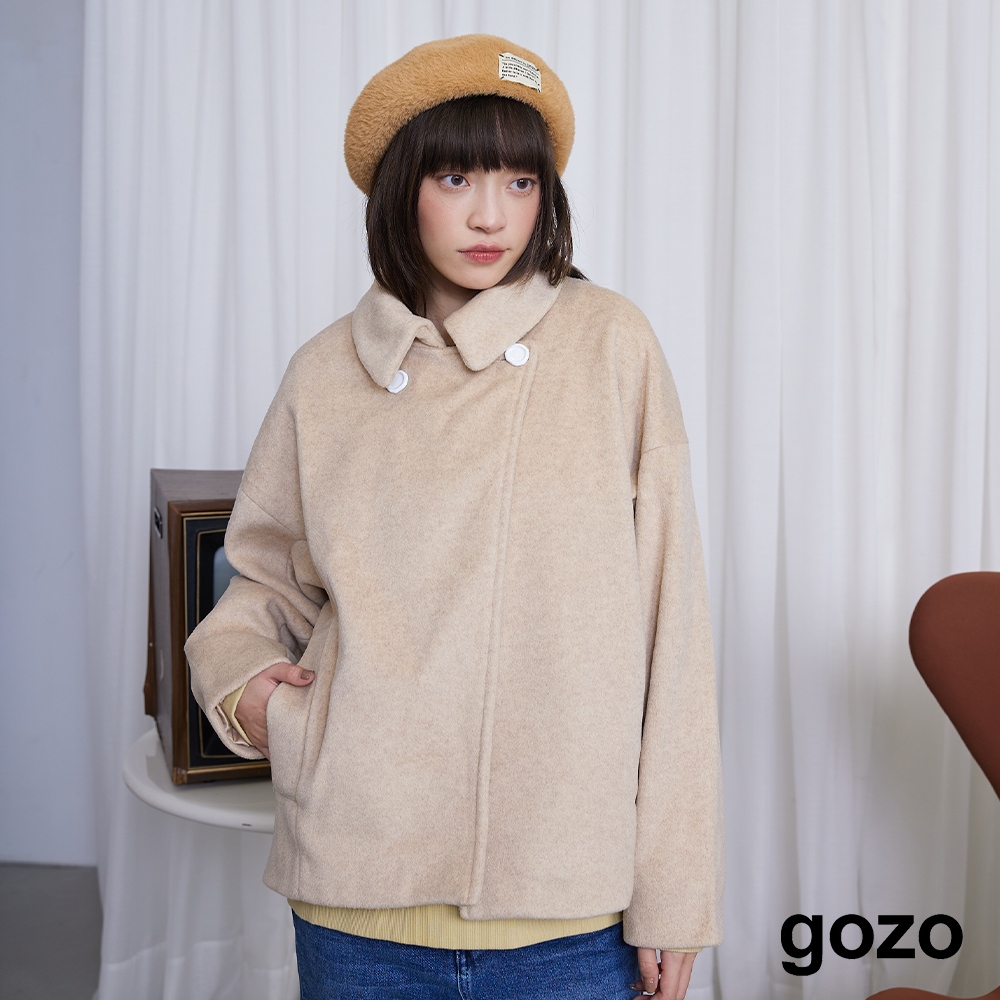 【gozo】斜開襟仿毛呢大衣外套(淺卡其/深綠_F) | 女裝 修身 保暖