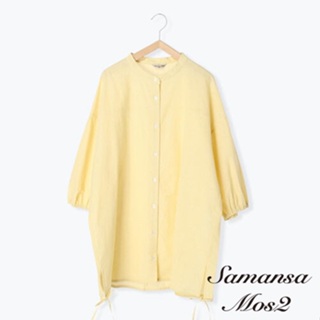 Samansa Mos2 棉麻混紡綁結設計長版七分袖襯衫(FL22L0G0380)