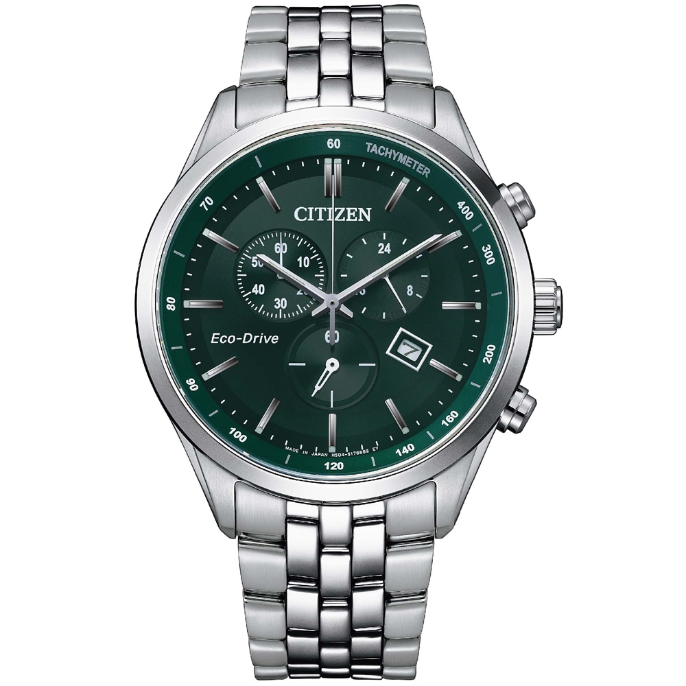 (聊聊享更優惠) CITIZEN 星辰 GENT'S系列 時尚男錶 光動能復古風計時手錶 銀x紳士綠AT2149-85X