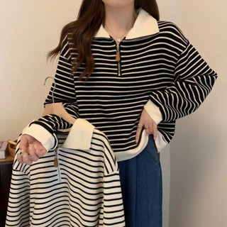 S-2XL 大尺碼 長袖上衣 POLO衫 大碼美式條紋Polo領正肩衛衣女秋季新款寬鬆半拉鏈長袖上衣