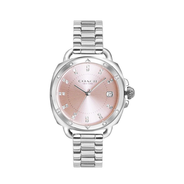COACH | LOGO錶圈設計 銀框 粉面 不鏽鋼錶帶 34mm 女錶 手錶(14504156)