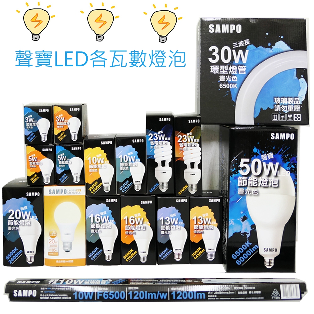 SAMPO聲寶燈泡LED E27 10W 13W 16W 20W 23W 30W 50W省電球泡 CNS認證 黃光 白光