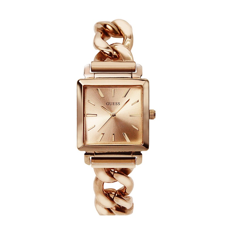 GUESS原廠平輸手錶 | 方形造型女錶 - 玫瑰金x鏈式不銹鋼錶帶 W1029L3