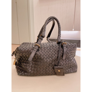 Bottega Veneta 義大利名牌BV黑色羊皮編織手提包波士頓包