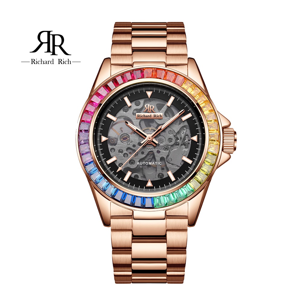 ⏰ACE⏰【Richard Rich】RR 海軍上將系列 奢華金彩鑽圈縷空錶盤自動機械不鏽鋼腕錶