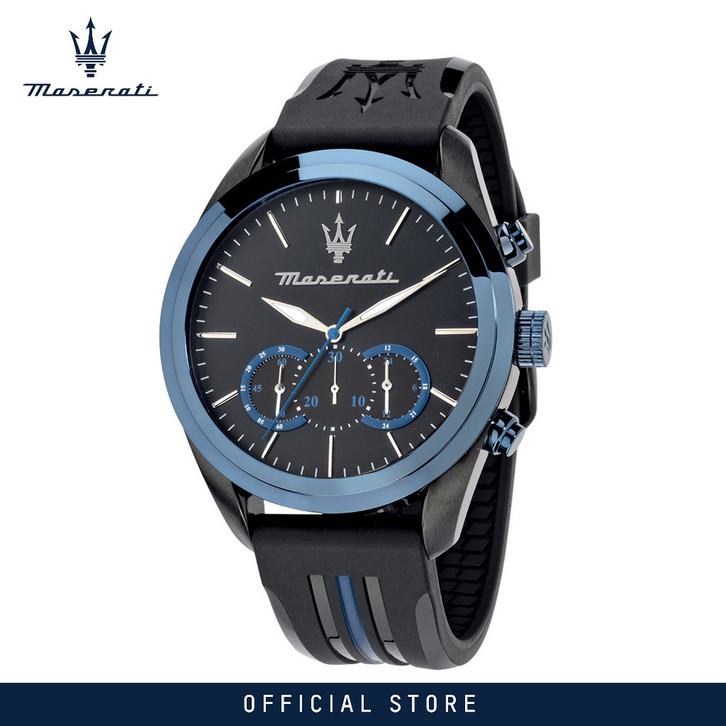 【2年保養】 瑪莎拉蒂 Traguardo 黑色/藍色PU計時手錶 R8871612006