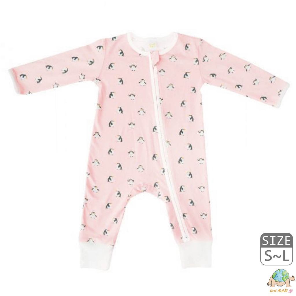 台灣製有機竹纖維長袖連身衣(小企鵝 粉)｜嬰兒服 透氣排汗 純棉親膚 薄長袖睡衣