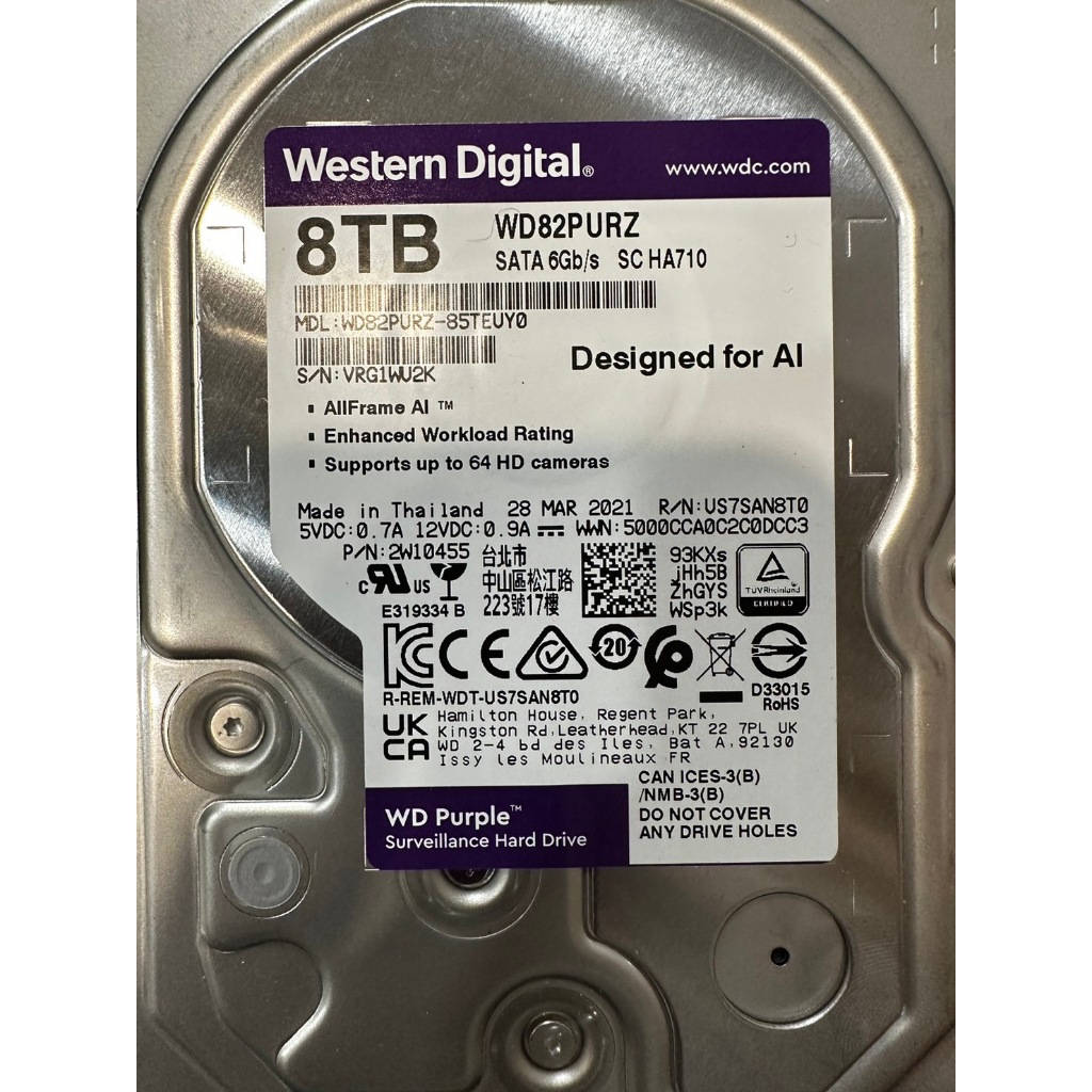 WD 威騰 WD82PURZ 紫標 8TB 3.5吋監控系統硬碟 使用約二年 保固至20240520