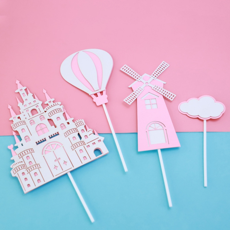 粉色藍色城堡風車熱氣球套組蛋糕插旗 (台灣現貨)城堡蛋糕插旗 熱氣球蛋糕裝飾 風車蛋糕裝飾 派對道具 烘焙道具