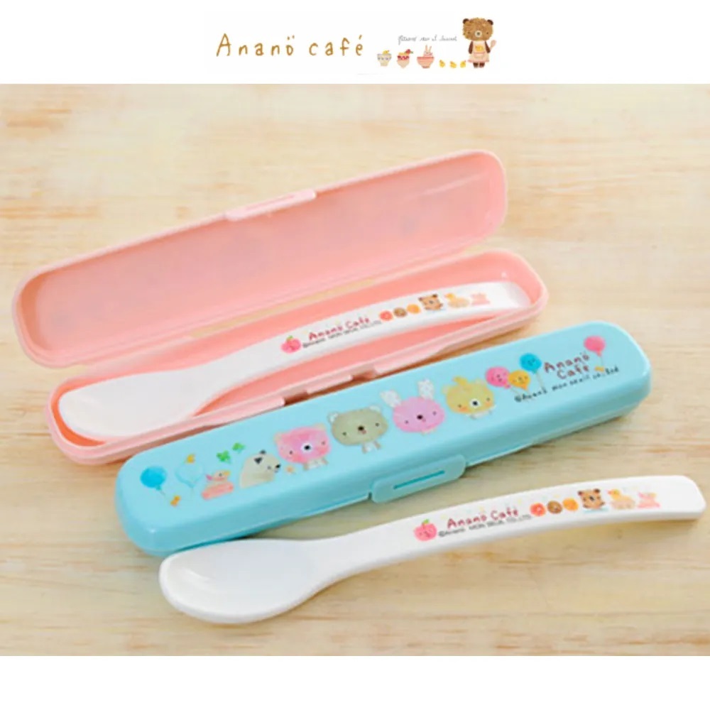 【日本 Anano Cafe】幼兒用 可愛動物湯匙附盒 藍色 / 粉色 兩款可選