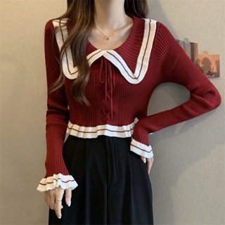 愛依依 娃娃領針織衫 短款毛衣 打底內搭衫 新款法式獨特娃娃領紅色打底針織衫1F105-6600.