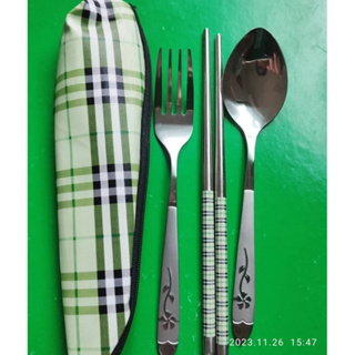 高級不鏽鋼隨身環保餐具3件組(附收藏袋)
