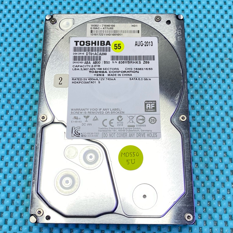 含稅價 TOSHIBA 3.5吋 2TB SATA3 64M 7.2K DT01ACA200 二手良品 55