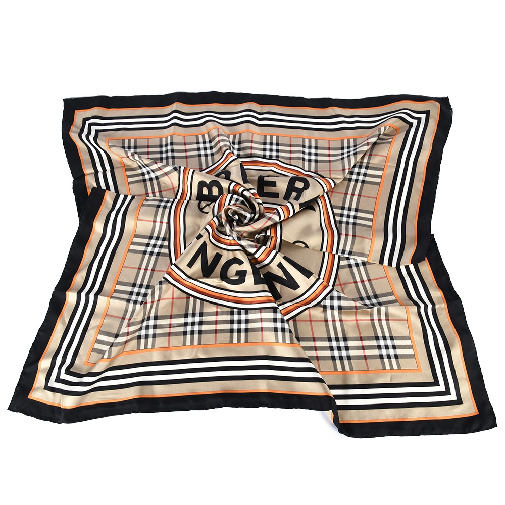 BURBERRY格紋圓標LOGO絲質方巾90cm(典藏米)089567