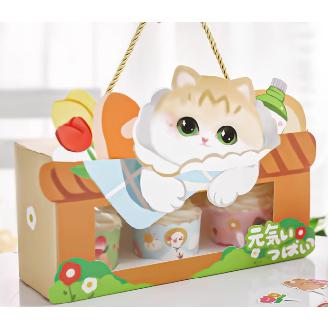 野餐貓 PET罐提盒3罐裝 多功能包裝盒 雪花酥 曲奇餅乾 蛋糕捲  紙盒 蛋糕卷包裝盒 手提盒 手提禮盒