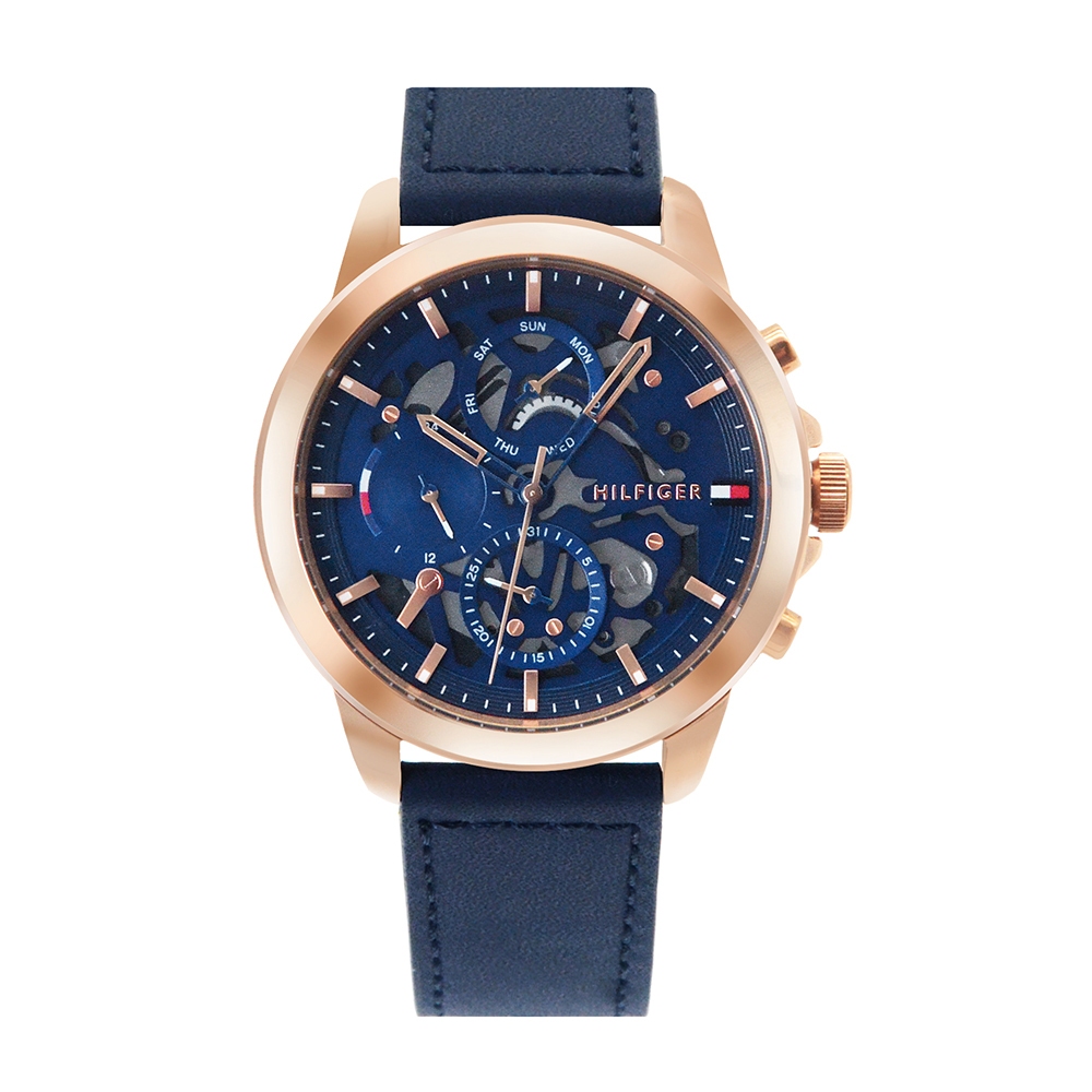 Tommy Hilfiger l 玫瑰金殼 藍面 三眼日期顯示腕錶 面板鏤空特殊設計 深藍色皮革錶帶 手錶 男錶