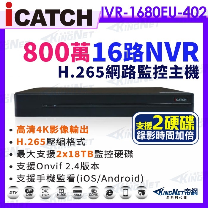 ICATCH 可取 16路 800萬 4K NVR 監控主機 IVR-1680EU-402 4K 雙硬碟