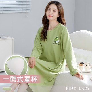 Pink Lady 翠綠青蘋 內附罩杯 長袖睡裙 棉質 秋冬 圓領 印花 保暖 柔感 女睡衣 居家服 7011