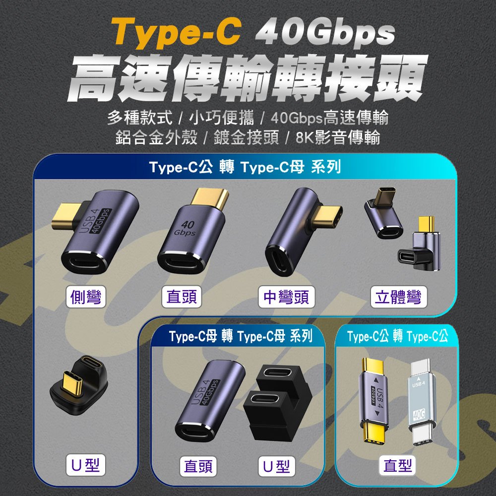 USB4.0 轉接頭 40Gbps Thunderbolt 3 TB3 Type-C 公/母  40Gb 8K120Hz