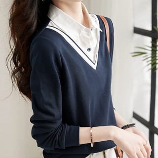 愛依依 學院風 假兩件上衣 翻領上衣s-2xl秋季新款顯瘦寬鬆減齡女式衛衣s257-7296.