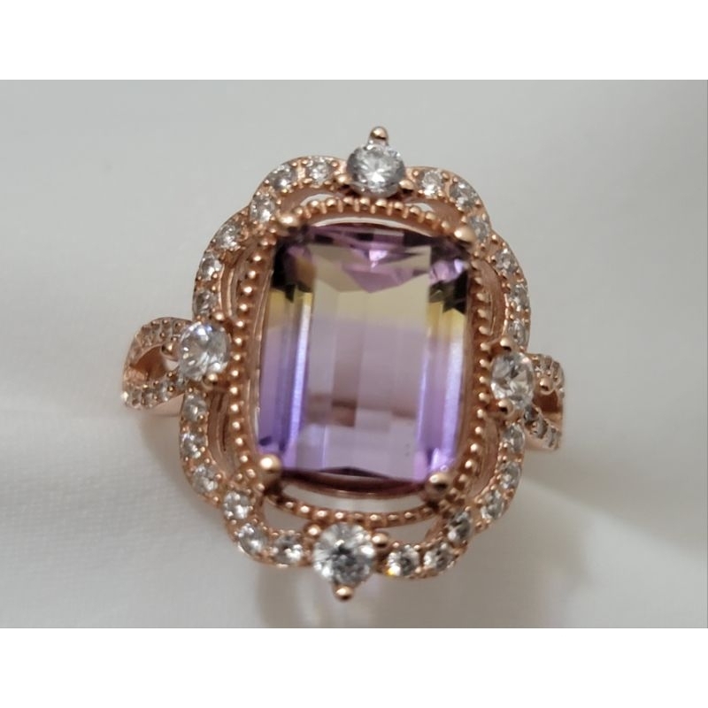 天然 紫黃晶 紫黃水晶 玫瑰金色 S925純銀 戒指 戒圈 戒圍 華麗款