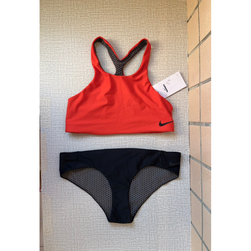 零碼正品 ，NIKE 比基尼/BIKINI/兩件式泳裝/瑜珈服/女運動服，M號，橘紅/黑