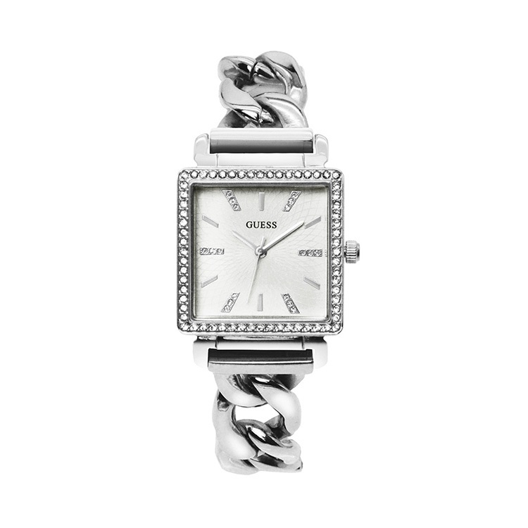 GUESS原廠平輸手錶 | 方形造型水鑽女錶 - 銀殼x鏈式不銹鋼錶帶 W1030L1