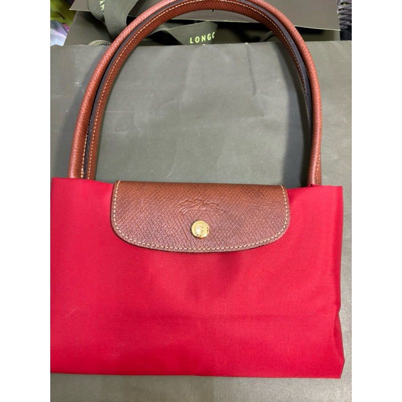 夕陽紅與深藍兩入賣場》LONGCHAMP LE PLIAGE系列長把再生尼龍摺疊水餃包(大/夕陽紅)