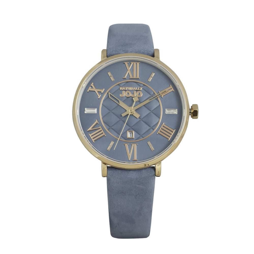 NATURALLY JOJO 藍灰調  菱格紋 羅馬錶 水晶鑽 皮帶女錶  JO96993-55R