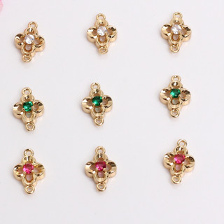 宏雲Hongyun-HC-「 5pcs/包」14k包金色微鑲鋯石 四葉草 雙環鏈接器 DIY耳環手鏈飾品配件材料