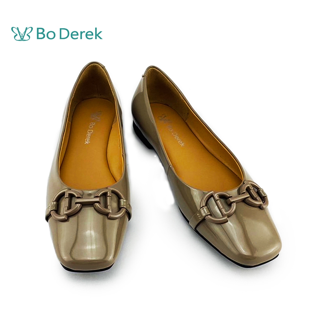 Bo Derek 鏈條飾釦真皮方頭平底鞋-灰色