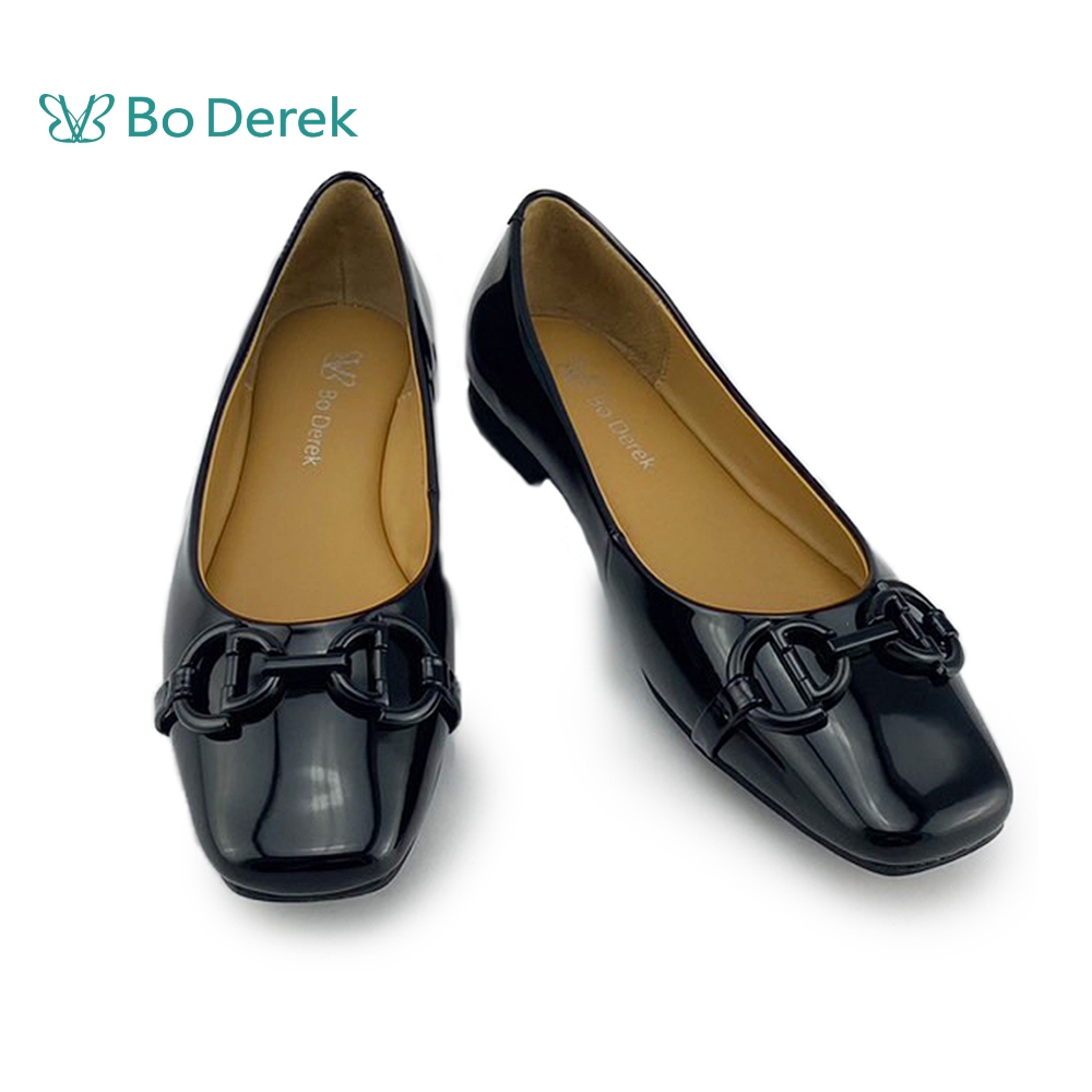 Bo Derek 鏈條飾釦真皮方頭平底鞋-黑色