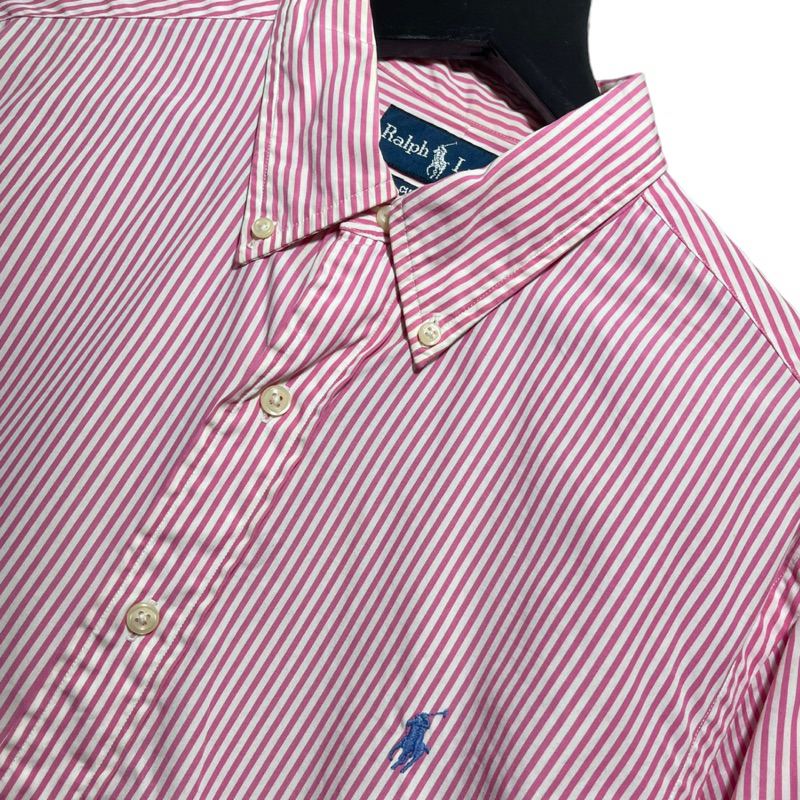 顛復古⚡️Polo Ralph Lauren粉紅色條紋藍馬長袖襯衫❤️古著男女皆可F1218007