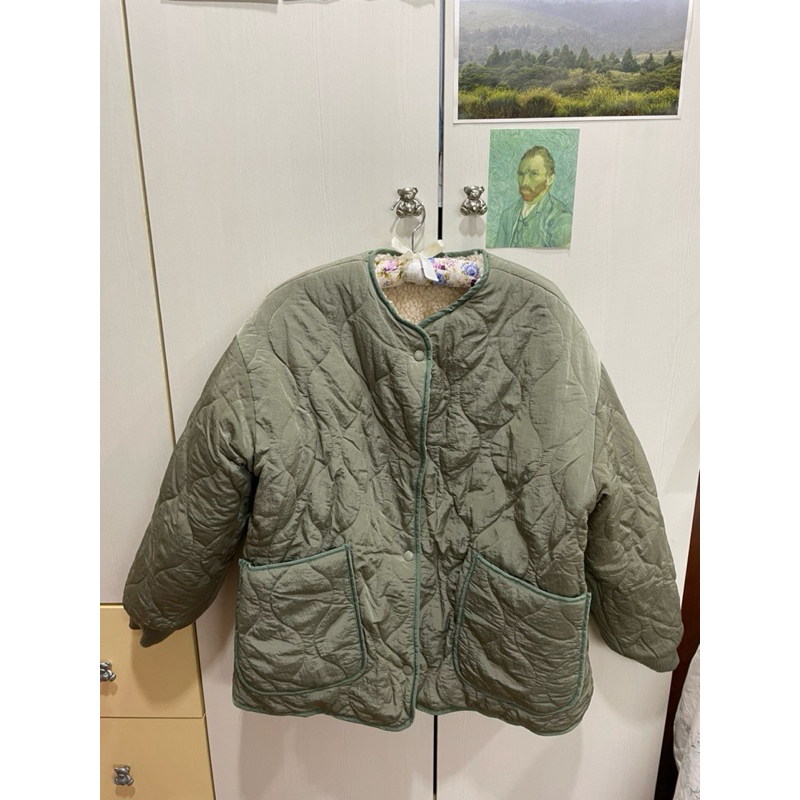 韓國購入 縫衍 羔羊毛 雙面穿飛行外套 軍綠色/米色