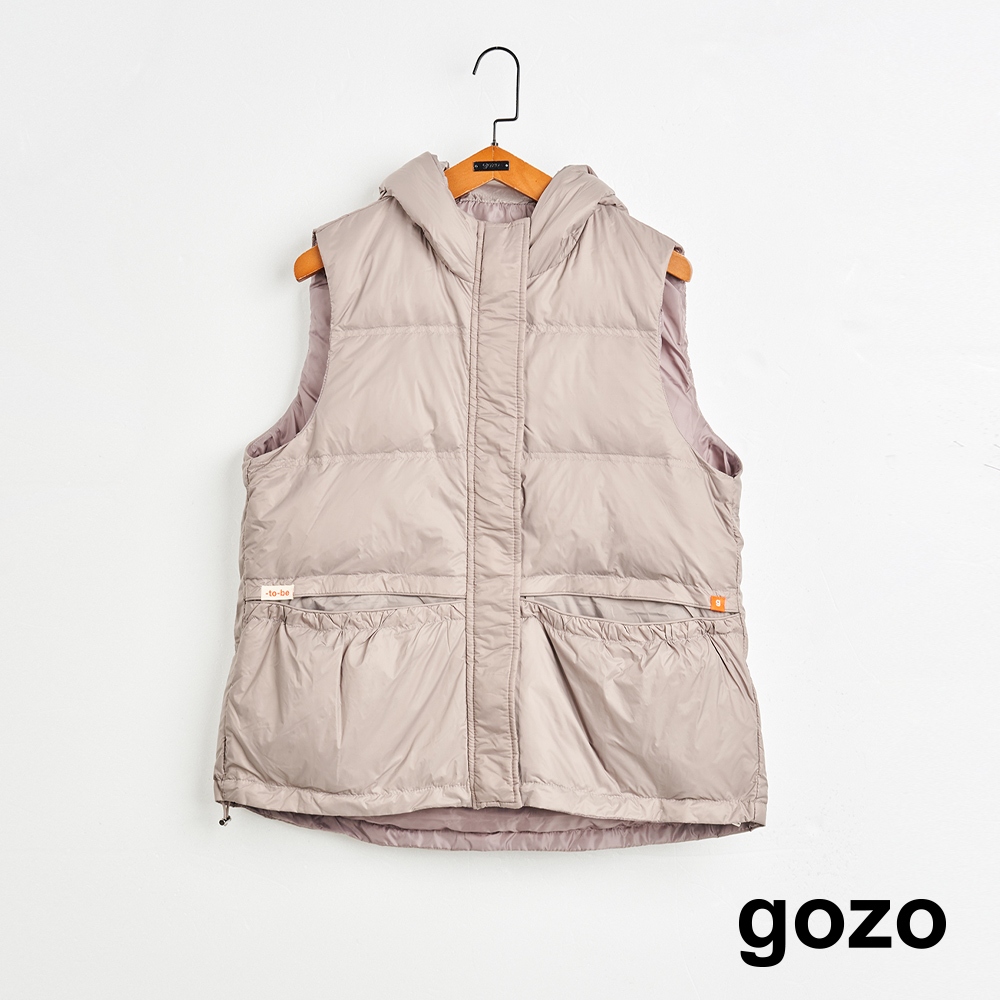 【gozo】➤下擺抽繩連帽羽絨背心(灰色/黑色_F) | 女裝 修身 保暖