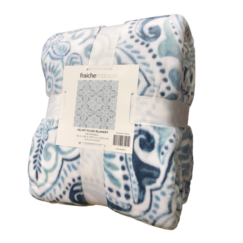 Fraiche Maison 柔軟 印花毯（233x248cm）淡藍花紋 毛毯 毯子 蓋毯 舖毯 被子 保暖 好市多