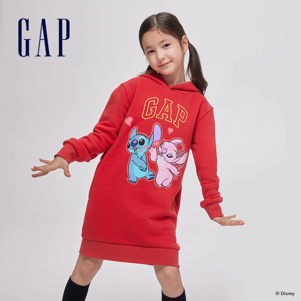 Gap 女童裝 Gap x 史迪奇聯名 Logo印花刷毛連帽長袖洋裝-紅色(847160)