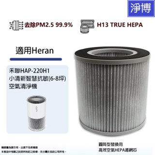 適用heran禾聯 hap-220h1小清新智慧抗敏 (6-8坪) 空氣清淨機更換用除臭活性碳hepa集塵濾網濾心