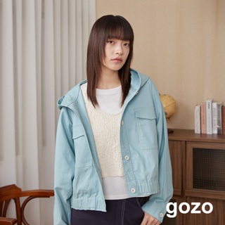 【gozo】➤抽皺造型蝙蝠袖連帽外套(淺藍/深綠_F) | 女裝 V領 休閒