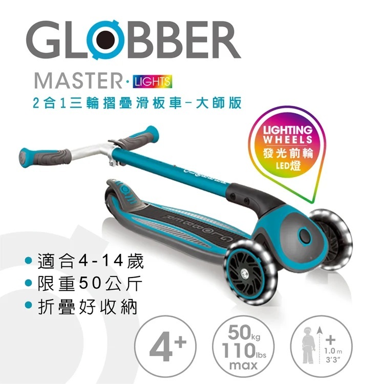 GLOBBER 2合1三輪折疊滑板車大師版(4895224401995藍綠色)3490元(聊聊有優惠)