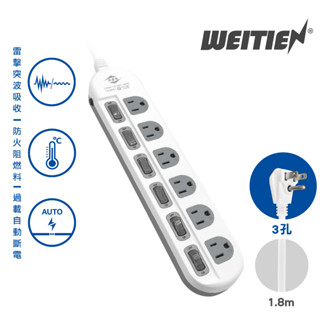 【威電】6開6插延長線 3P台灣製延長線 最新安規延長線 防雷抗突波電腦延長線(6-21尺) CK-3661延長線