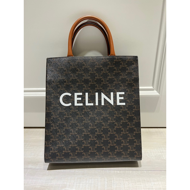 Celine TRIOMPHE帆布小型直式CABAS手袋 黃褐色// 二手9.9成新