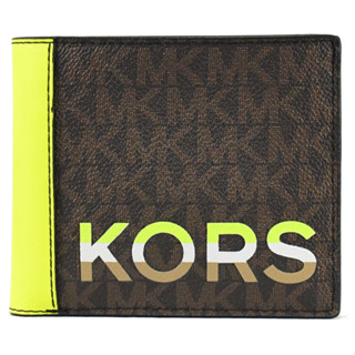 【茱麗葉精品】【全新福利品】MICHAEL KORS COOPER 經典MK印花撞色8卡短夾.咖/螢光黃 現貨在臺