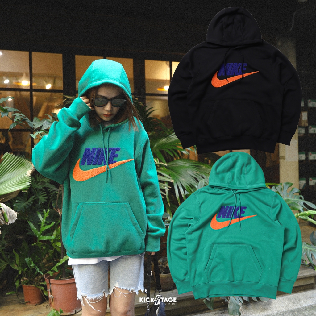 NIKE HOODIE 綠色 黑色 植絨LOGO 橘勾 內刷毛 保暖 長袖 帽T 男女款【FN3105】