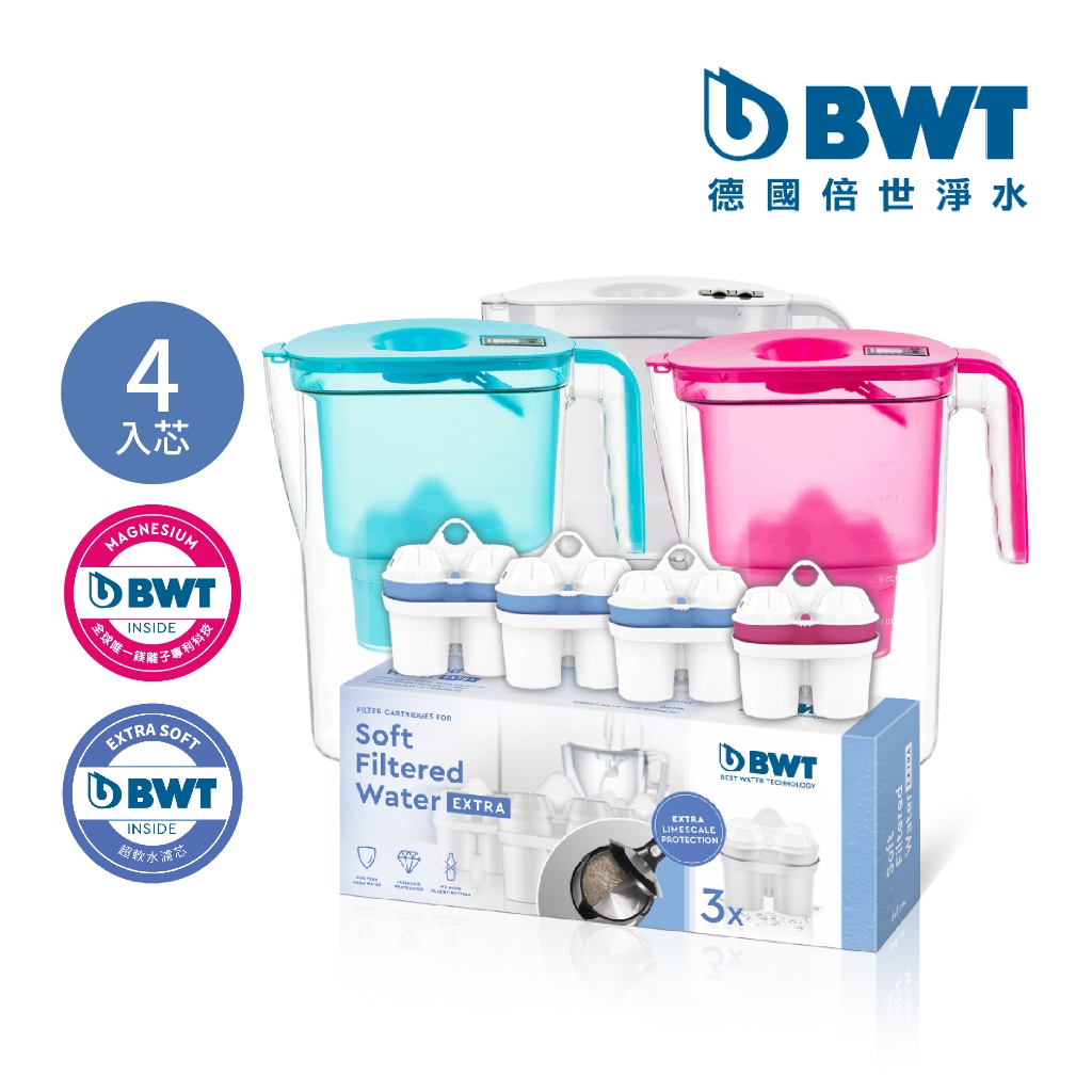 【BWT 德國倍世】健康濾水壺- VIDA 2.6L 樂樂濾水壺 1壺4芯 軟水離子濾芯*3 + 鎂離子濾芯*1